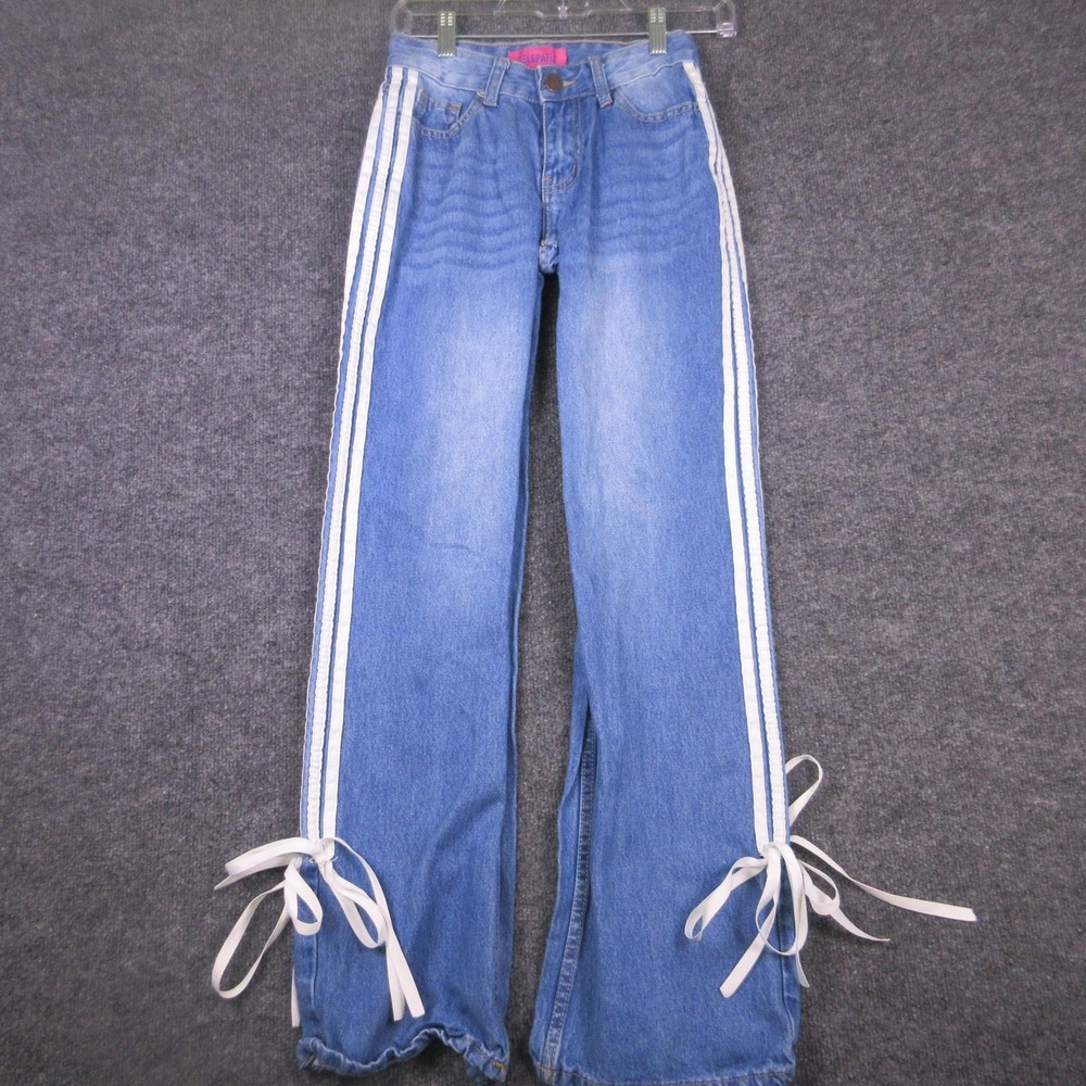 Telepatia Jeans Womens 00 Blue Side Stripe Wide Leg Bow Hem‎ Denim 23x29 Casual